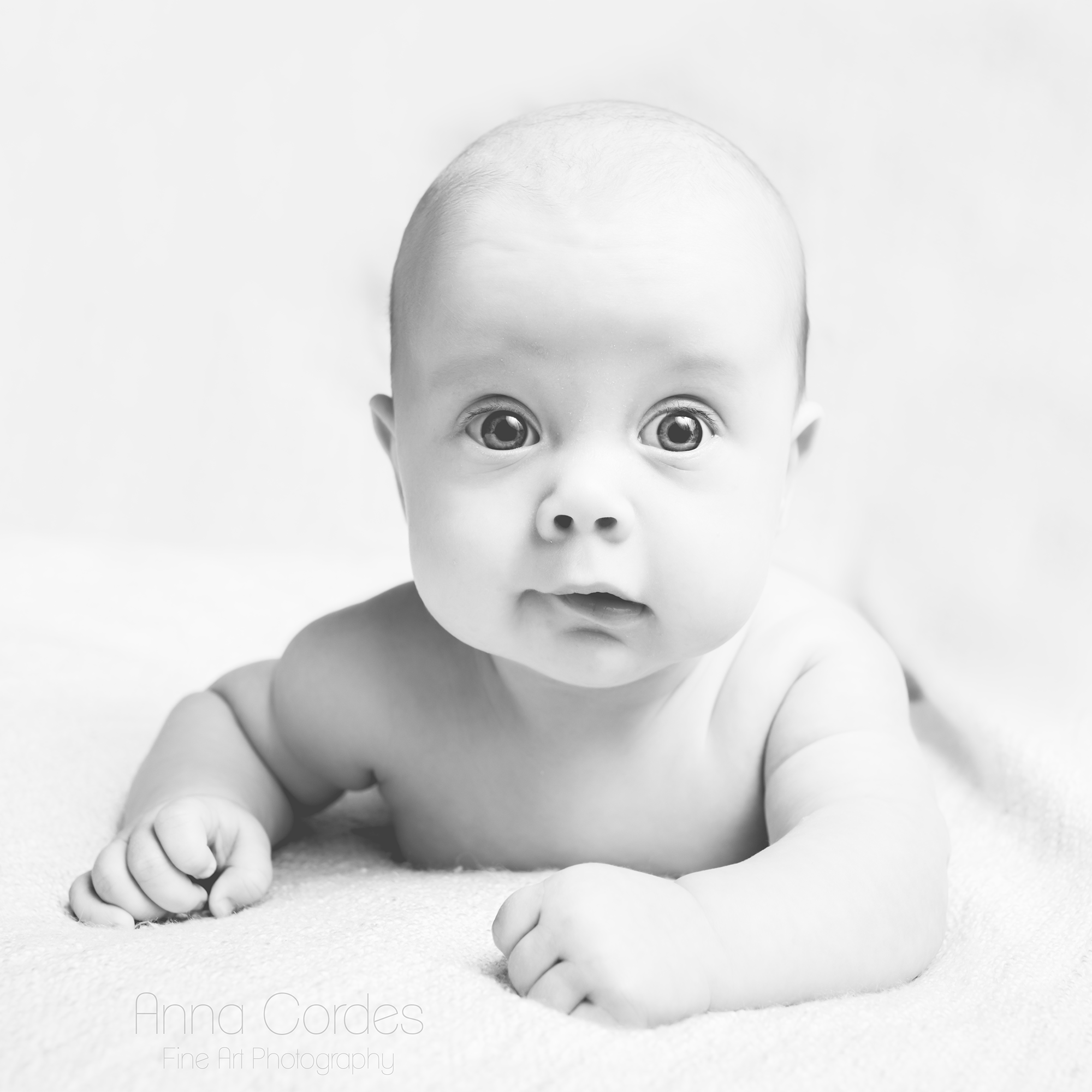 Schwarz-Wei&szlig;-Nahaufnahme des Gesichts eines Babys in Bauchlage.