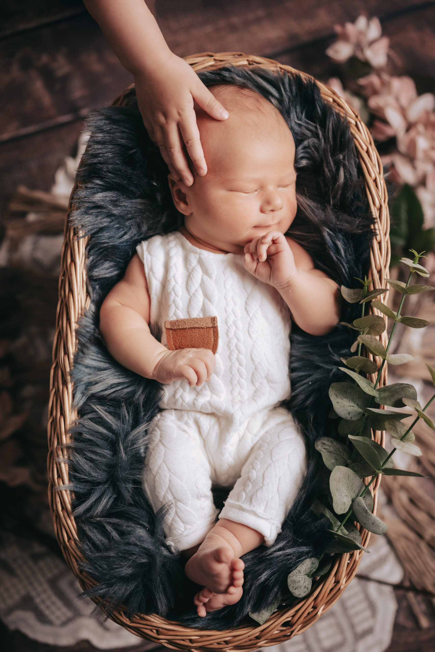 Newbornfotografie Wien: Neugeborenes schläft friedlich in einem geflochtenen Korb auf dunklem Fell